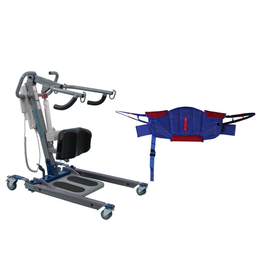 The Proactive Protekt® 500/600 lb Sit-to-Stand Lift with wheels and padded supports stands beside a blue transfer sling with straps and red Velcro fasteners, designed to assist individuals with mobility challenges.